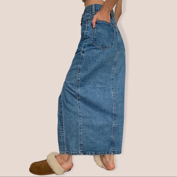Vintage 90s Denim Maxi Skirt with Leg Slit - Picture 2 of 6